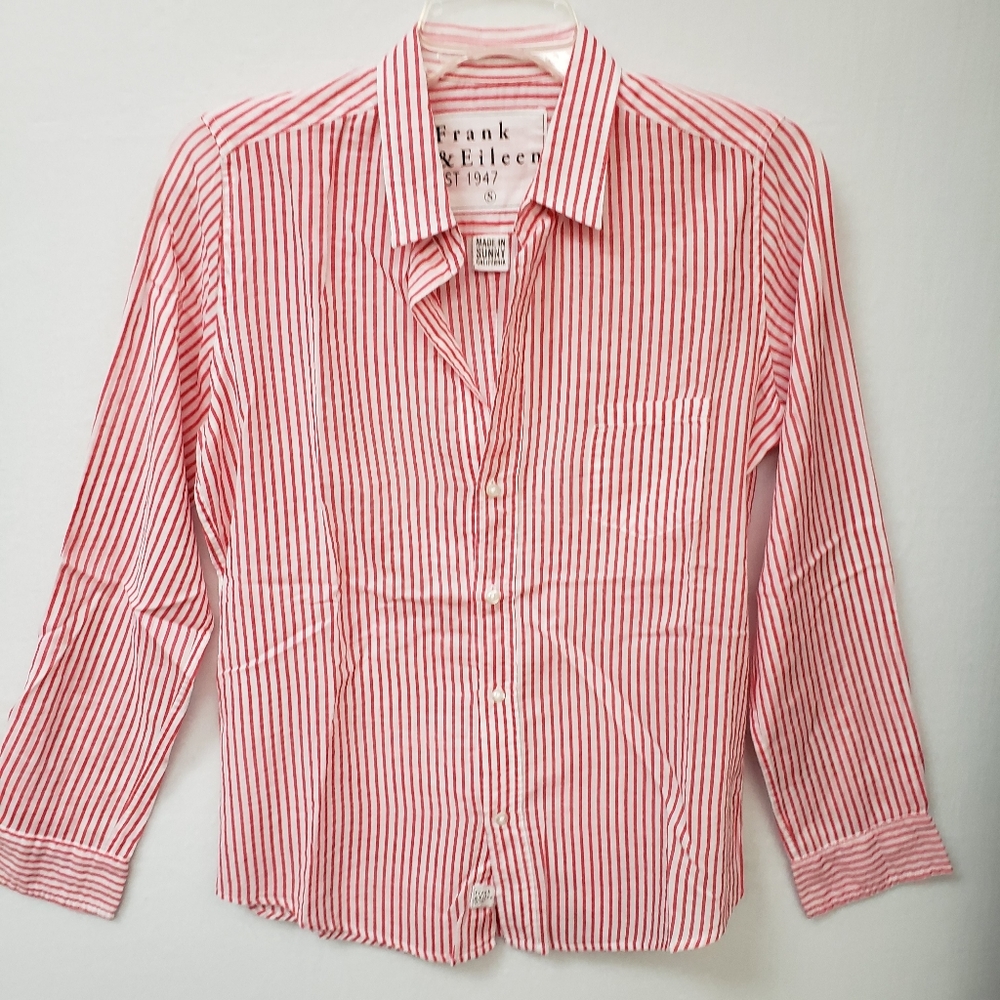 Frank & Eileen Red and White Striped Button-Up Blouse